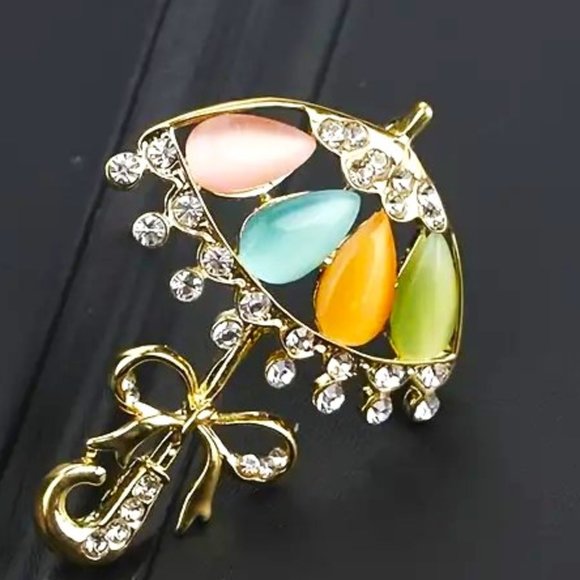 Brooch Umbrella Rhinestone Stunning Pin Stylish Colorful Stones Gold Unique Glam - Picture 2 of 3